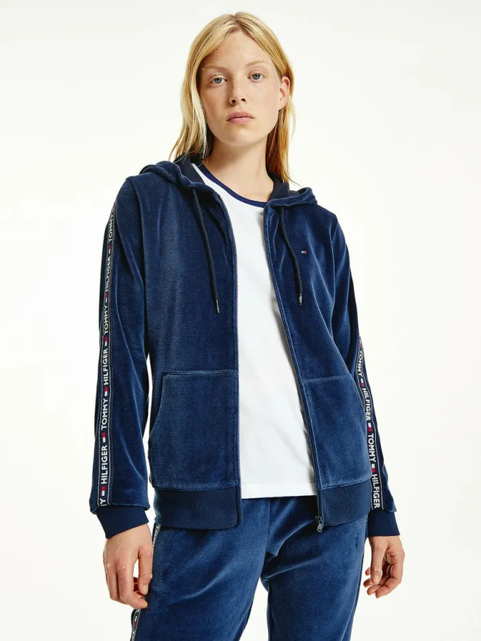 Tommy Hilfiger Lounge RibKnit Velour Hoody Desert Sky Womens Sweatshirts and Hoodies Gift for Friend Tommy Hilfiger Lounge RibKnit Velour Hoody Desert Sky Womens Sweatshirts and Hoodies Gift for Friend