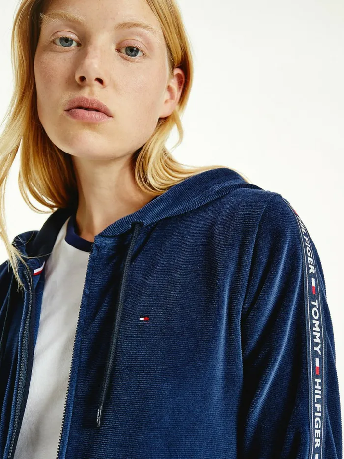 Tommy Hilfiger Lounge RibKnit Velour Hoody Desert Sky Womens Sweatshirts and Hoodies Gift for Friend