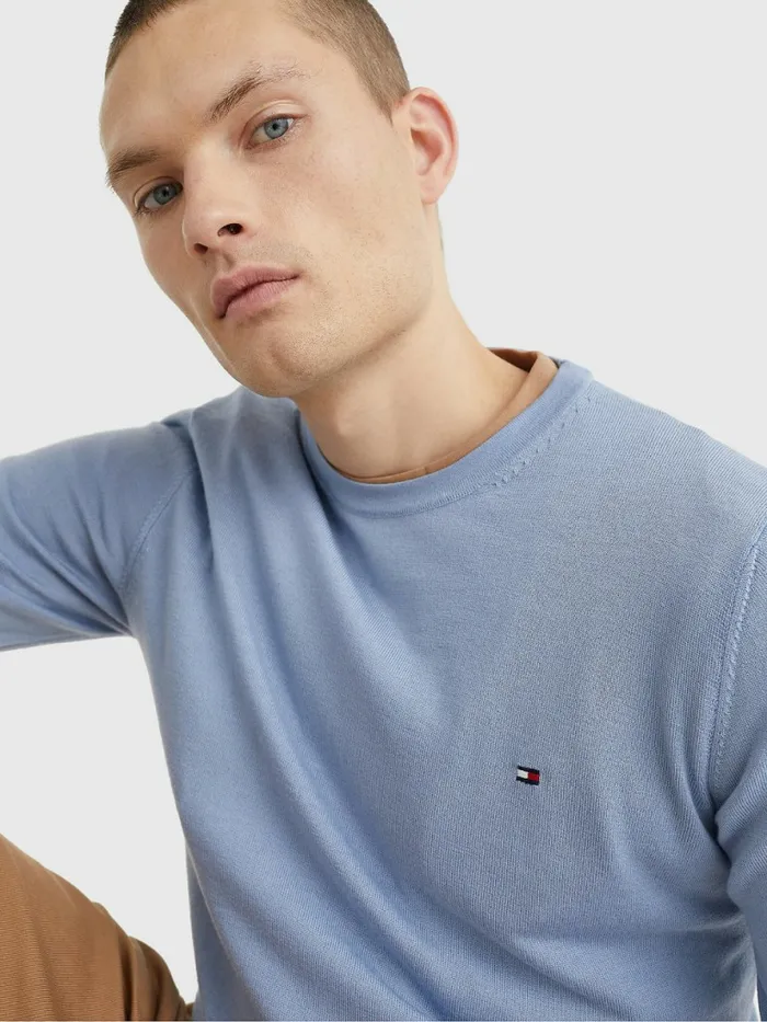 Tommy Hilfiger Merino Wool Crew Neck Jumper Daybreak Blue Mens Knitwear Fashion