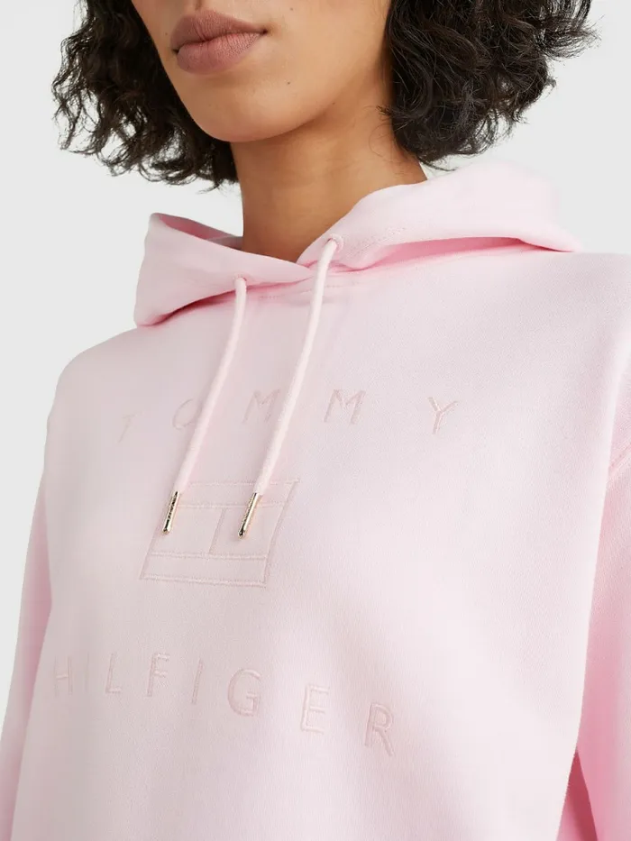 Tommy Hilfiger Metallic Logo Embroidery Hoody Pastel Pink Womens Sweatshirts and Hoodies On Sale
