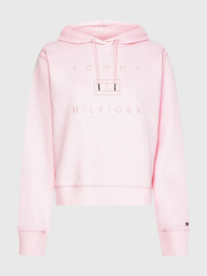 Tommy Hilfiger Metallic Logo Embroidery Hoody Pastel Pink Womens Sweatshirts and Hoodies On Sale