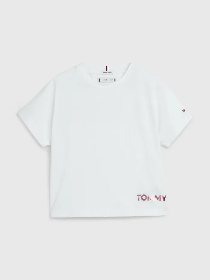 Tommy Hilfiger Metallic Logo Organic Cotton TShirt White Girls Tops and TShirts On Sale Tommy Hilfiger Metallic Logo Organic Cotton TShirt White Girls Tops and TShirts On Sale