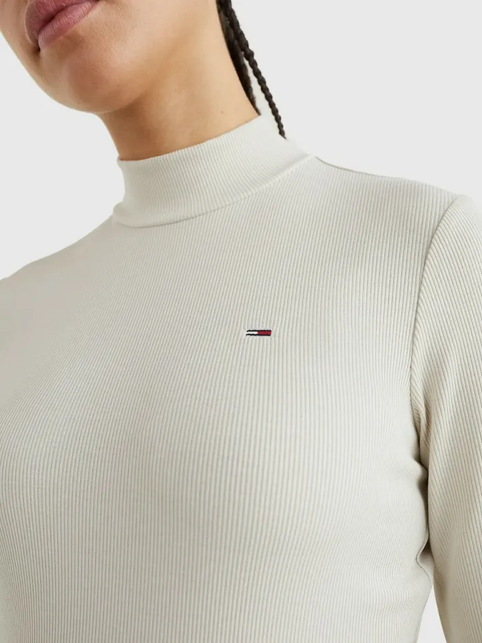 Tommy Hilfiger Mock Neck Long Sleeve TShirt Stony Beige Womens TShirts Fashion