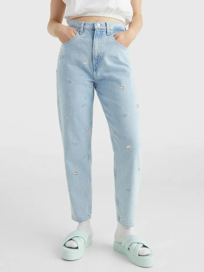 Tommy Hilfiger Mom Ultra High Rise Tapered Embroidery Jeans Denim Color Womens Jeans Near Me