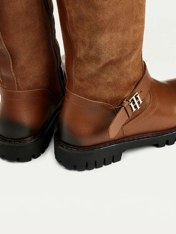 Tommy Hilfiger Monogram Buckle Leather Cleat Boots Winter Cognac Womens Boots Near Me