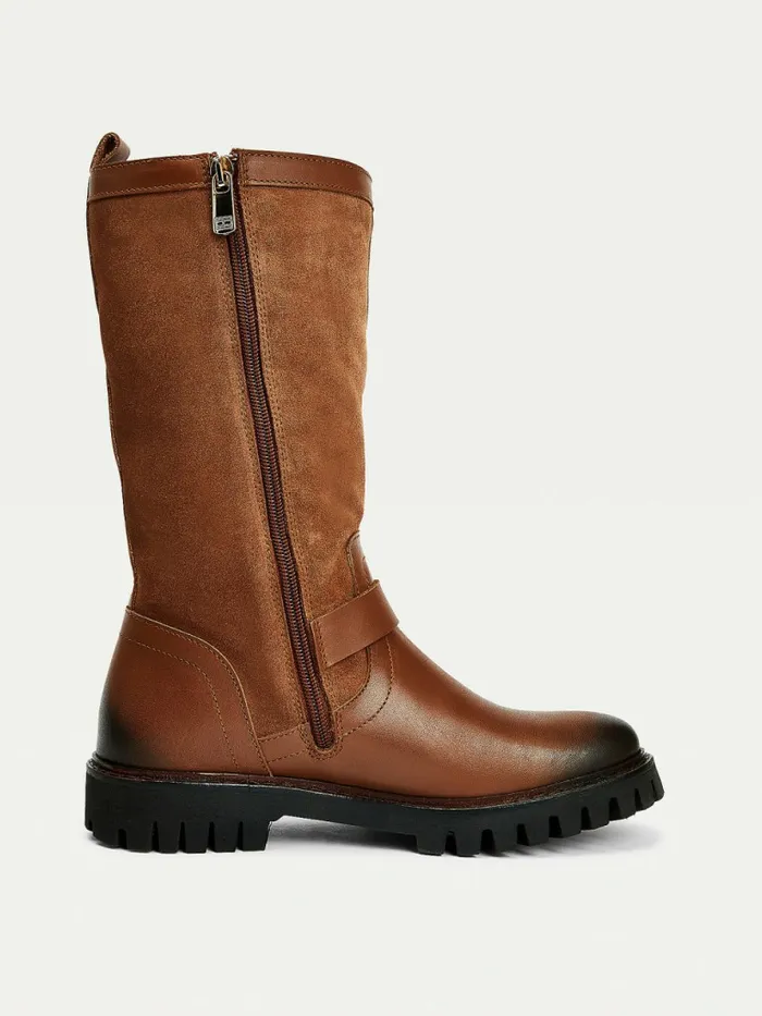 Tommy Hilfiger Monogram Buckle Leather Cleat Boots Winter Cognac Womens Boots Near Me