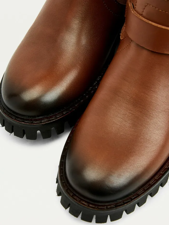 Tommy Hilfiger Monogram Buckle Leather Cleat Boots Winter Cognac Womens Boots Near Me
