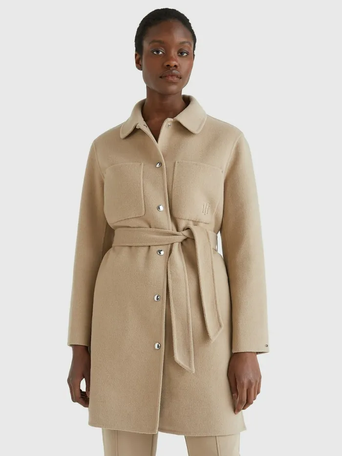 Tommy Hilfiger Monogram Embroidery Long Shacket Beige Womens Coats and Jackets Cheap On Sale Tommy Hilfiger Monogram Embroidery Long Shacket Beige Womens Coats and Jackets Cheap On Sale