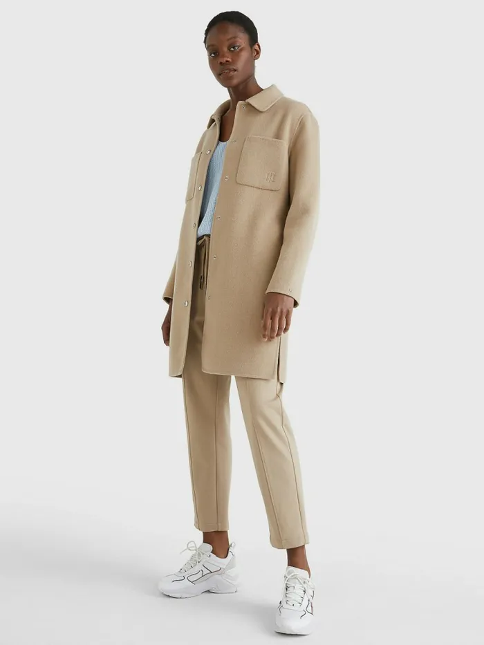 Tommy Hilfiger Monogram Embroidery Long Shacket Beige Womens Coats and Jackets Cheap On Sale