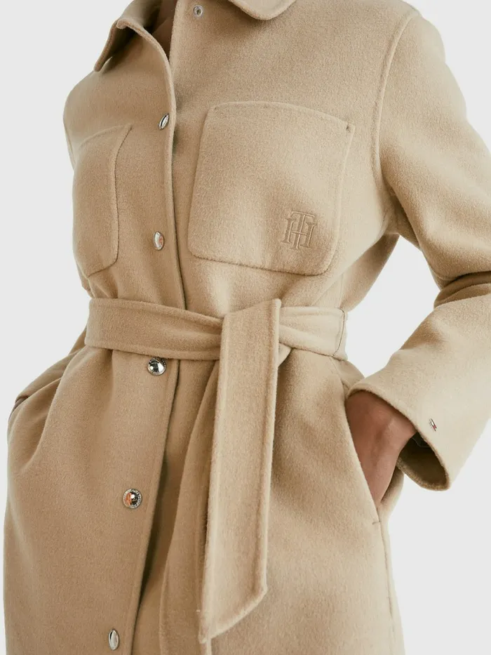 Tommy Hilfiger Monogram Embroidery Long Shacket Beige Womens Coats and Jackets Cheap On Sale