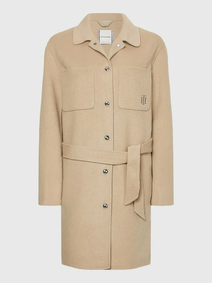 Tommy Hilfiger Monogram Embroidery Long Shacket Beige Womens Coats and Jackets Cheap On Sale