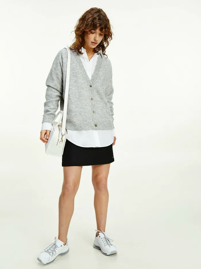 Tommy Hilfiger Monogram Embroidery Relaxed Fit Alpaca Cardigan Light Grey Heather Womens Knitwear Gift Ideas Tommy Hilfiger Monogram Embroidery Relaxed Fit Alpaca Cardigan Light Grey Heather Womens Knitwear Gift Ideas