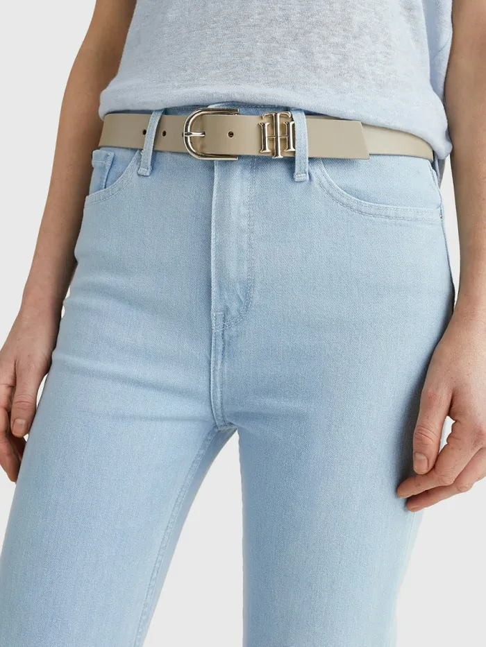 Tommy Hilfiger Monogram Keeper Leather Belt Beige Womens Belts Casaul