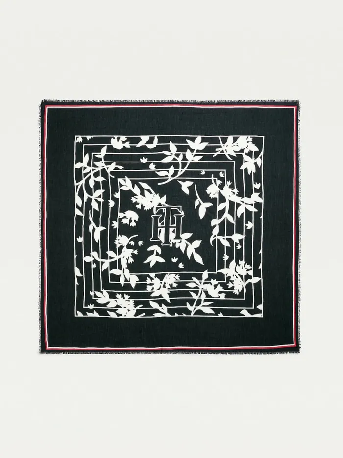 Tommy Hilfiger Monogram Leaf Print Square Scarf Black Womens Hats and Scarves For Sale
