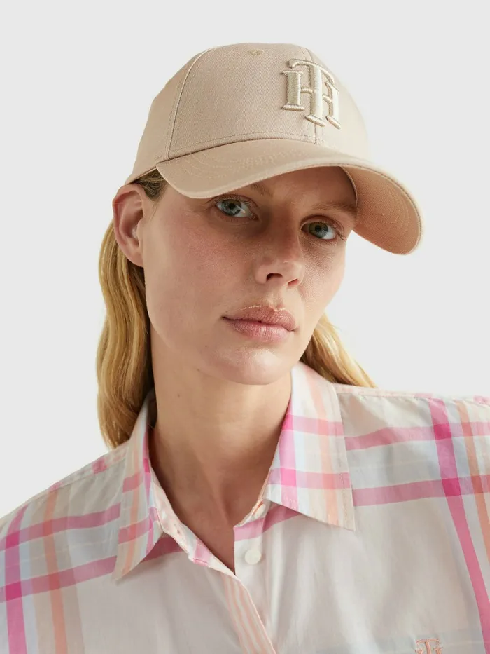 Tommy Hilfiger Monogram Organic Cotton Cap Beige Womens Hats and Scarves Cheap On Sale