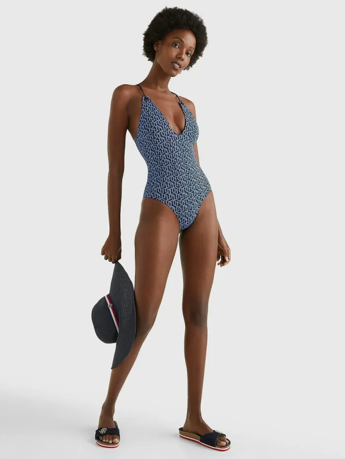 Tommy Hilfiger Monogram Plunge Neck OnePiece Swimsuit Hilfiger Aop Monogram Desert Sky Womens Swimwear Gift 4 You