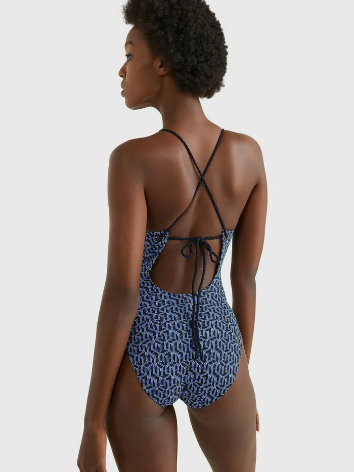 Tommy Hilfiger Monogram Plunge Neck OnePiece Swimsuit Hilfiger Aop Monogram Desert Sky Womens Swimwear Gift 4 You