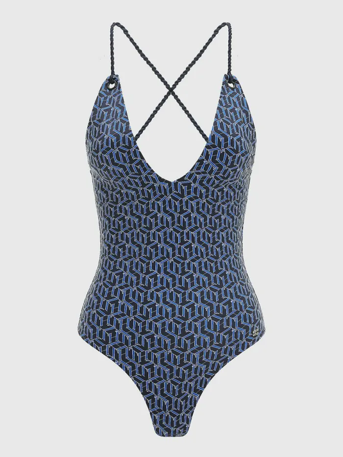 Tommy Hilfiger Monogram Plunge Neck OnePiece Swimsuit Hilfiger Aop Monogram Desert Sky Womens Swimwear Gift 4 You