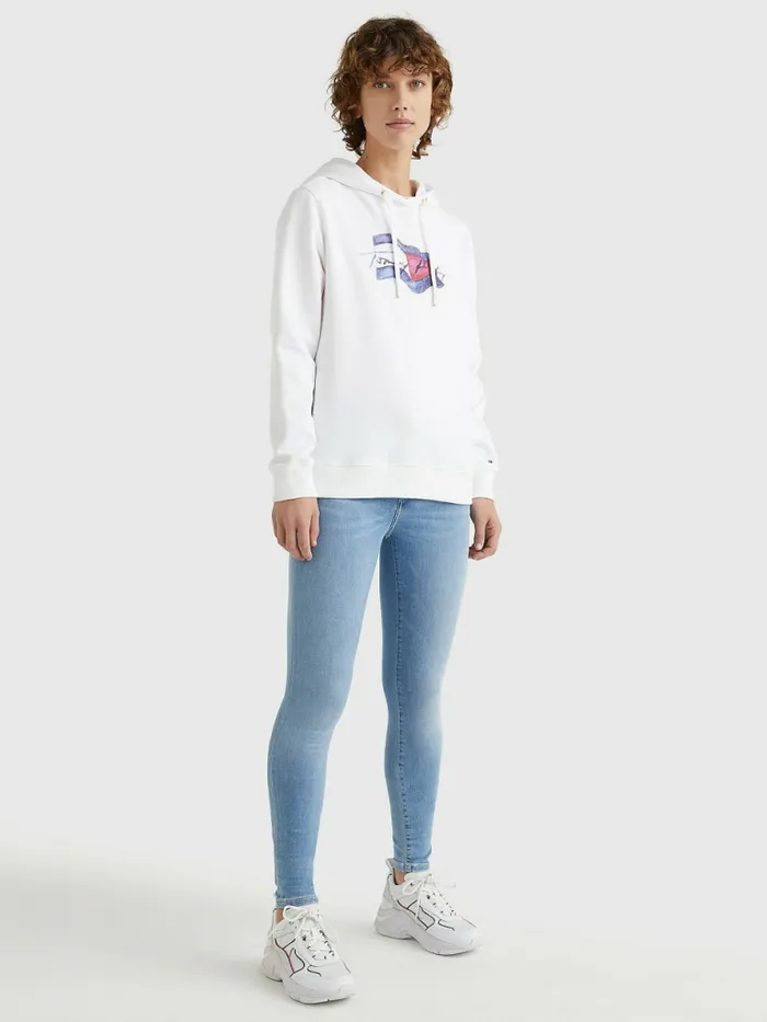 Tommy Hilfiger Motion Flag Logo Hoody Th Optic White Womens Sweatshirts and Hoodies On Sale