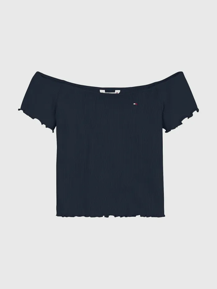 Tommy Hilfiger Off The Shoulder RibKnit TShirt Twilight Navy Girls Tops and TShirts On Sale Tommy Hilfiger Off The Shoulder RibKnit TShirt Twilight Navy Girls Tops and TShirts On Sale