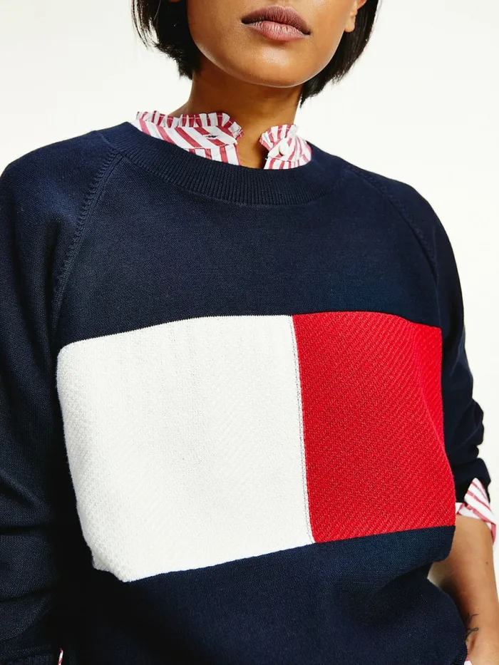 Tommy Hilfiger Organic Cotton ColourBlocked Flag Jumper Desert Sky Womens Knitwear On Sale