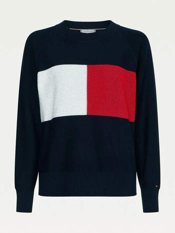 Tommy Hilfiger Organic Cotton ColourBlocked Flag Jumper Desert Sky Womens Knitwear On Sale