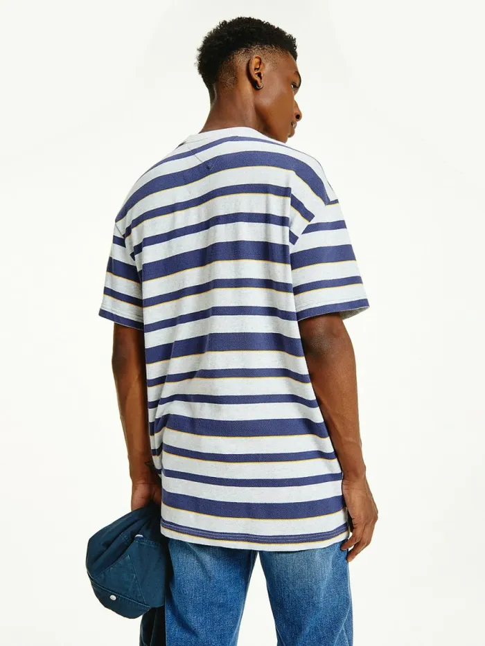 Tommy Hilfiger Organic Cotton Double Collar Stripe TShirt Silver Grey Htr Stripe Mens TShirts For Sale