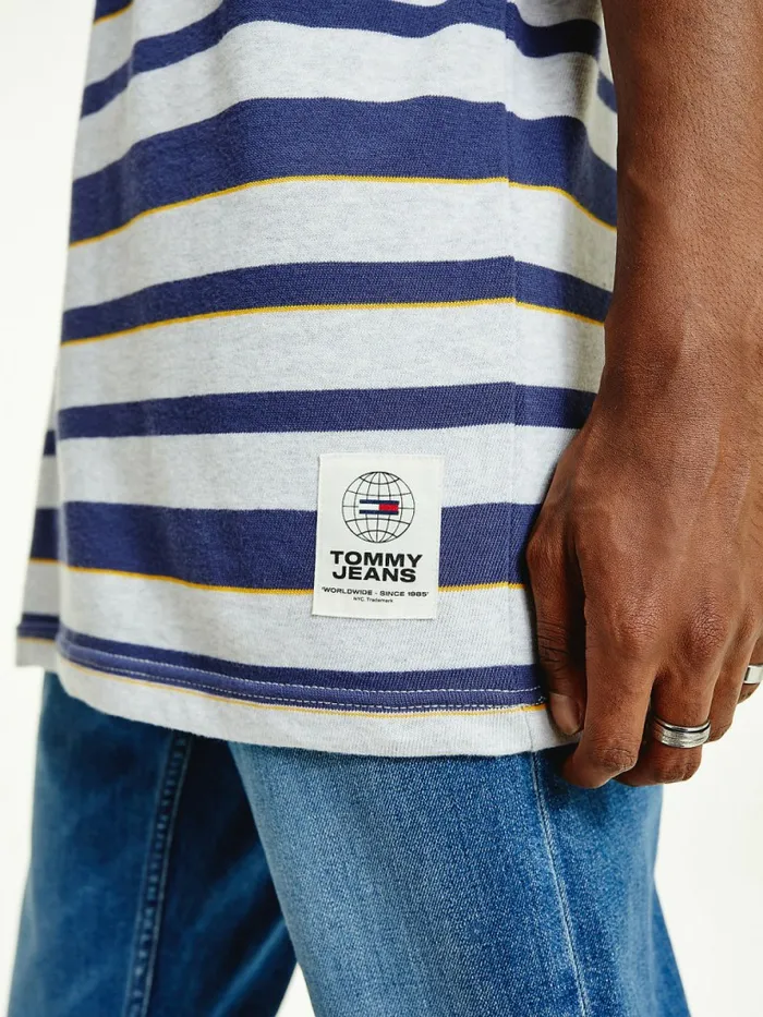 Tommy Hilfiger Organic Cotton Double Collar Stripe TShirt Silver Grey Htr Stripe Mens TShirts For Sale