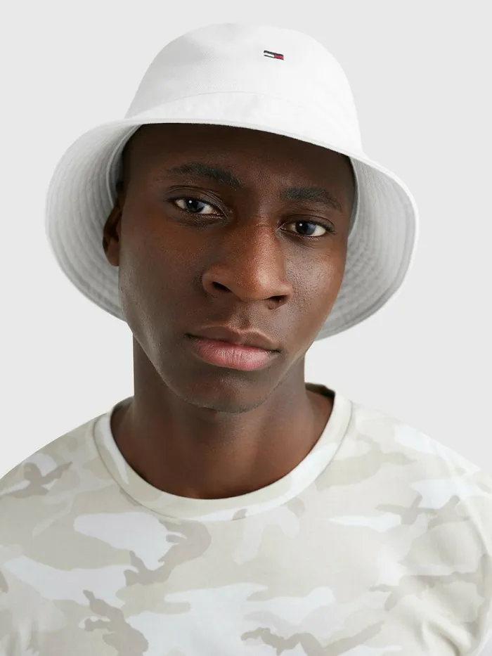 Tommy Hilfiger Organic Cotton Flag Embroidery Bucket Hat White Mens Hats and Scarves Cheap On Sale
