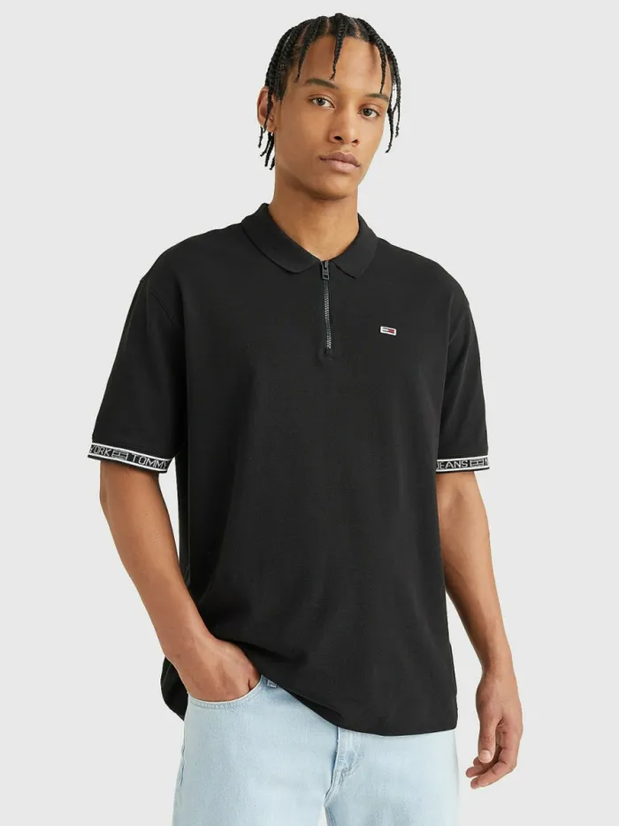 Tommy Hilfiger Organic Cotton Logo Tape Polo Black Mens Polo Shirts Casaul
