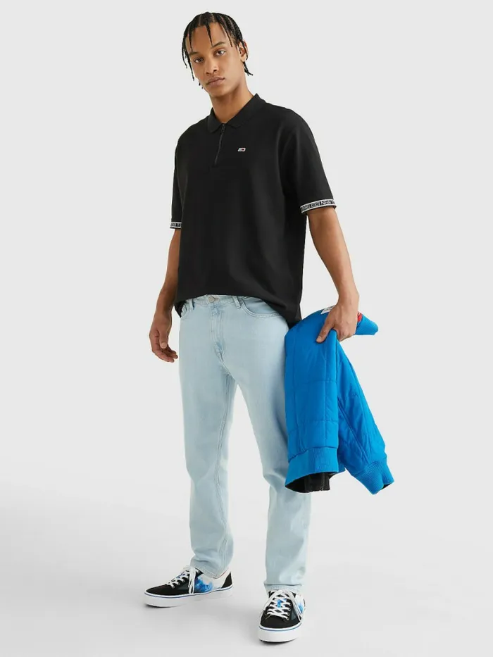Tommy Hilfiger Organic Cotton Logo Tape Polo Black Mens Polo Shirts Casaul