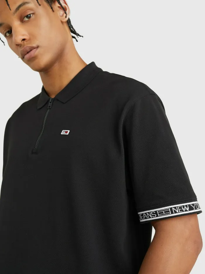 Tommy Hilfiger Organic Cotton Logo Tape Polo Black Mens Polo Shirts Casaul