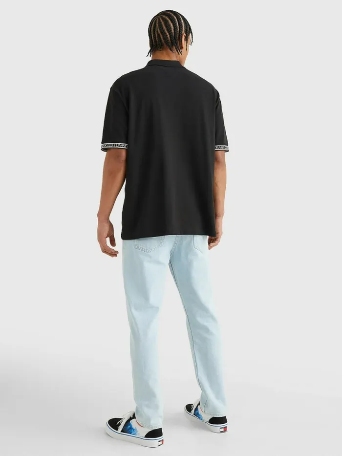 Tommy Hilfiger Organic Cotton Logo Tape Polo Black Mens Polo Shirts Casaul