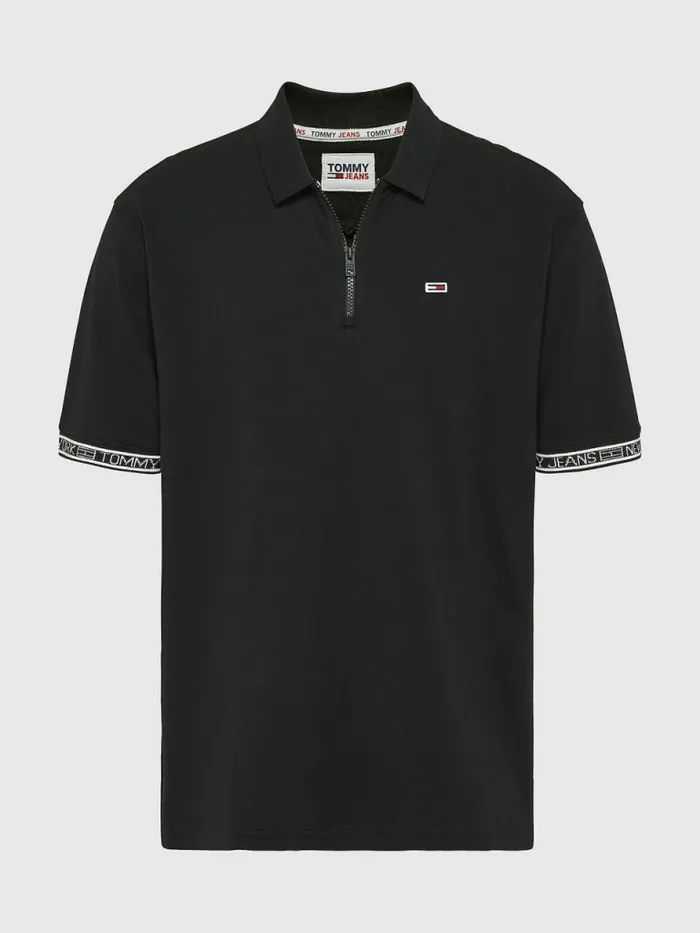 Tommy Hilfiger Organic Cotton Logo Tape Polo Black Mens Polo Shirts Casaul