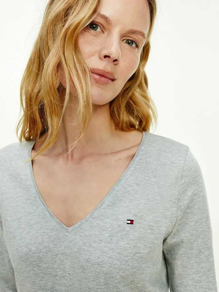 Tommy Hilfiger Organic Cotton Long Sleeve VNeck TShirt Light Grey Heather Womens TShirts Cheap On Sale