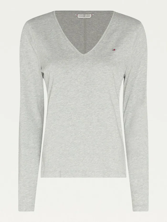 Tommy Hilfiger Organic Cotton Long Sleeve VNeck TShirt Light Grey Heather Womens TShirts Cheap On Sale