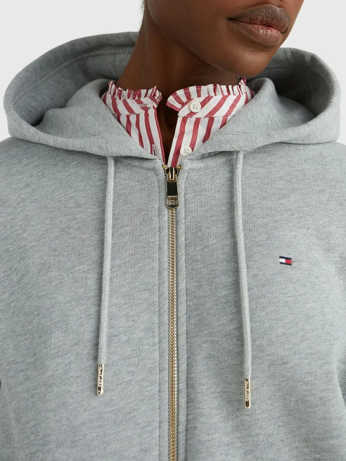 Tommy Hilfiger Organic Cotton Relaxed Fit ZipThru Hoody Light Grey Heather Womens Sweatshirts and Hoodies Sale
