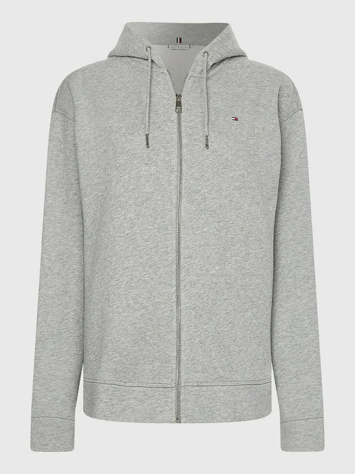 Tommy Hilfiger Organic Cotton Relaxed Fit ZipThru Hoody Light Grey Heather Womens Sweatshirts and Hoodies Sale