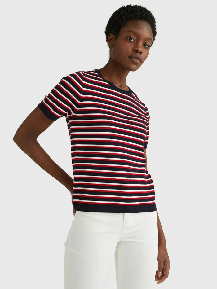 Tommy Hilfiger Organic Cotton Short Sleeve Jumper EcruDesert SkyPrimary Red Stp Womens Knitwear Cheap On Sale Tommy Hilfiger Organic Cotton Short Sleeve Jumper EcruDesert SkyPrimary Red Stp Womens Knitwear Cheap On Sale