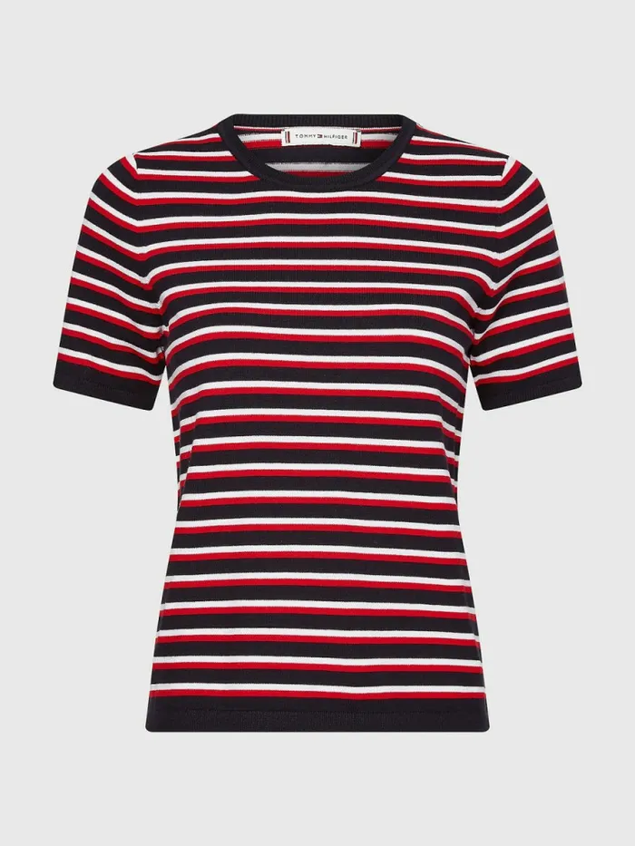 Tommy Hilfiger Organic Cotton Short Sleeve Jumper EcruDesert SkyPrimary Red Stp Womens Knitwear Cheap On Sale