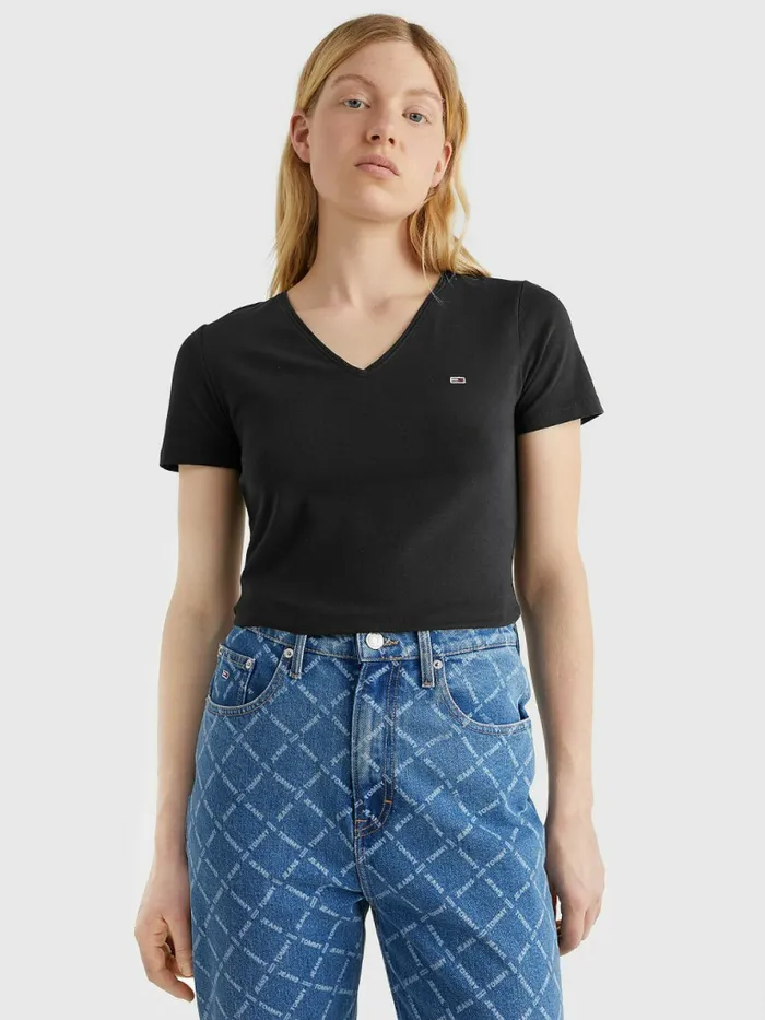 Tommy Hilfiger Organic Cotton Skinny Fit VNeck TShirt Black Womens TShirts Sale Tommy Hilfiger Organic Cotton Skinny Fit VNeck TShirt Black Womens TShirts Sale