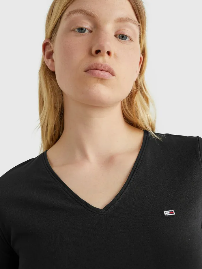 Tommy Hilfiger Organic Cotton Skinny Fit VNeck TShirt Black Womens TShirts Sale