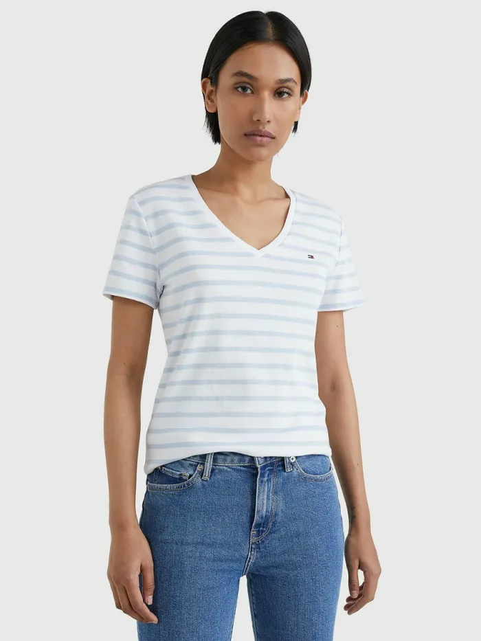 Tommy Hilfiger Organic Cotton Slim Fit VNeck TShirt Breton StpWhite Breezy Blue Womens TShirts Online Tommy Hilfiger Organic Cotton Slim Fit VNeck TShirt Breton StpWhite Breezy Blue Womens TShirts Online
