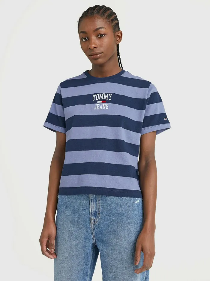Tommy Hilfiger Organic Cotton Stripe Logo TShirt Twilight NavyLavender Grey Womens TShirts Gift 4 You Tommy Hilfiger Organic Cotton Stripe Logo TShirt Twilight NavyLavender Grey Womens TShirts Gift 4 You