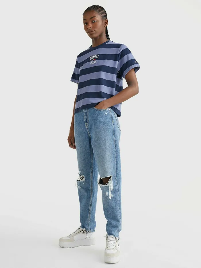 Tommy Hilfiger Organic Cotton Stripe Logo TShirt Twilight NavyLavender Grey Womens TShirts Gift 4 You