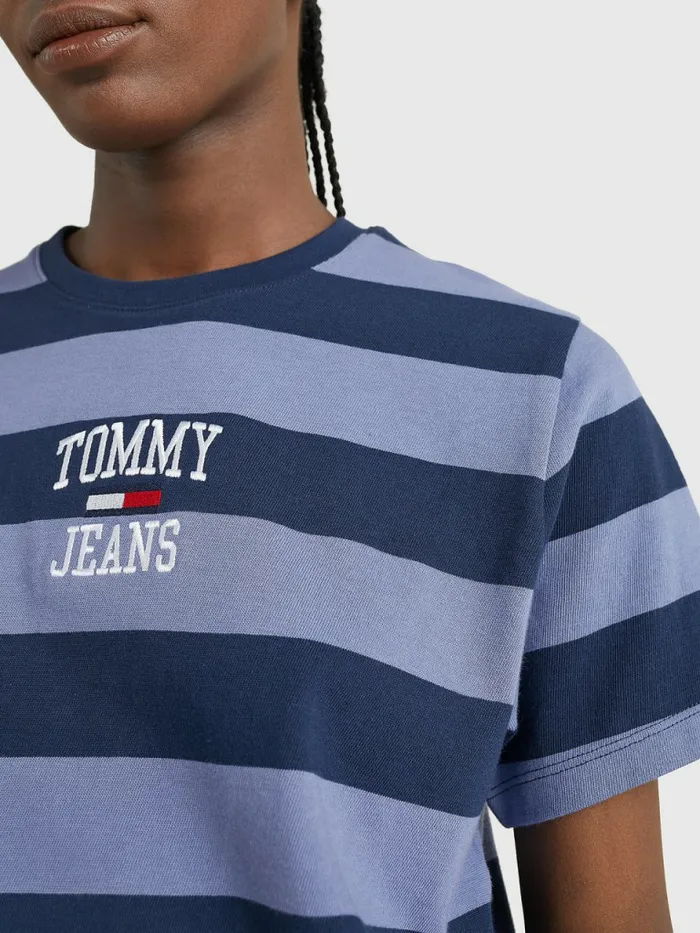 Tommy Hilfiger Organic Cotton Stripe Logo TShirt Twilight NavyLavender Grey Womens TShirts Gift 4 You