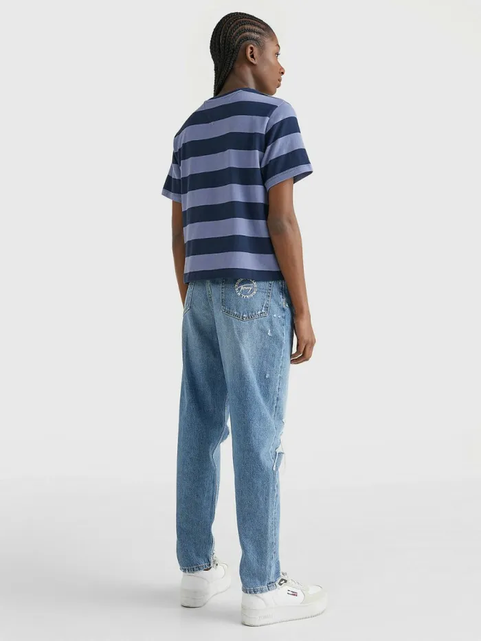 Tommy Hilfiger Organic Cotton Stripe Logo TShirt Twilight NavyLavender Grey Womens TShirts Gift 4 You