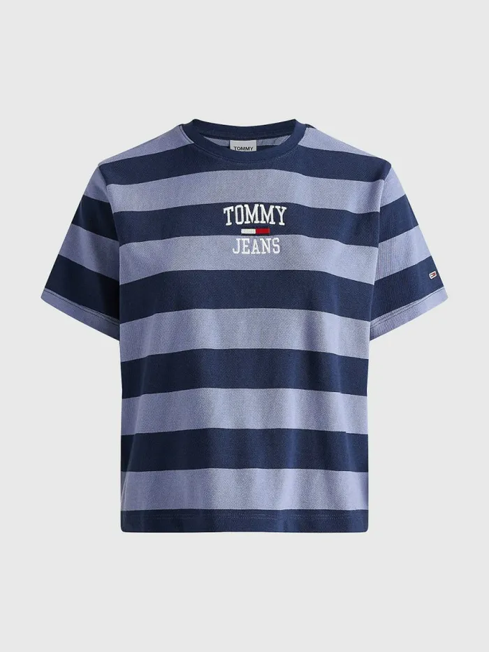 Tommy Hilfiger Organic Cotton Stripe Logo TShirt Twilight NavyLavender Grey Womens TShirts Gift 4 You