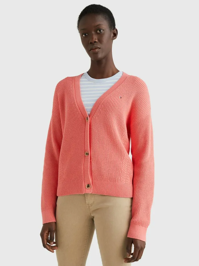 Tommy Hilfiger Organic Cotton VNeck Relaxed Fit Cardigan Crystal Coral Womens Knitwear Gift 4 You Tommy Hilfiger Organic Cotton VNeck Relaxed Fit Cardigan Crystal Coral Womens Knitwear Gift 4 You