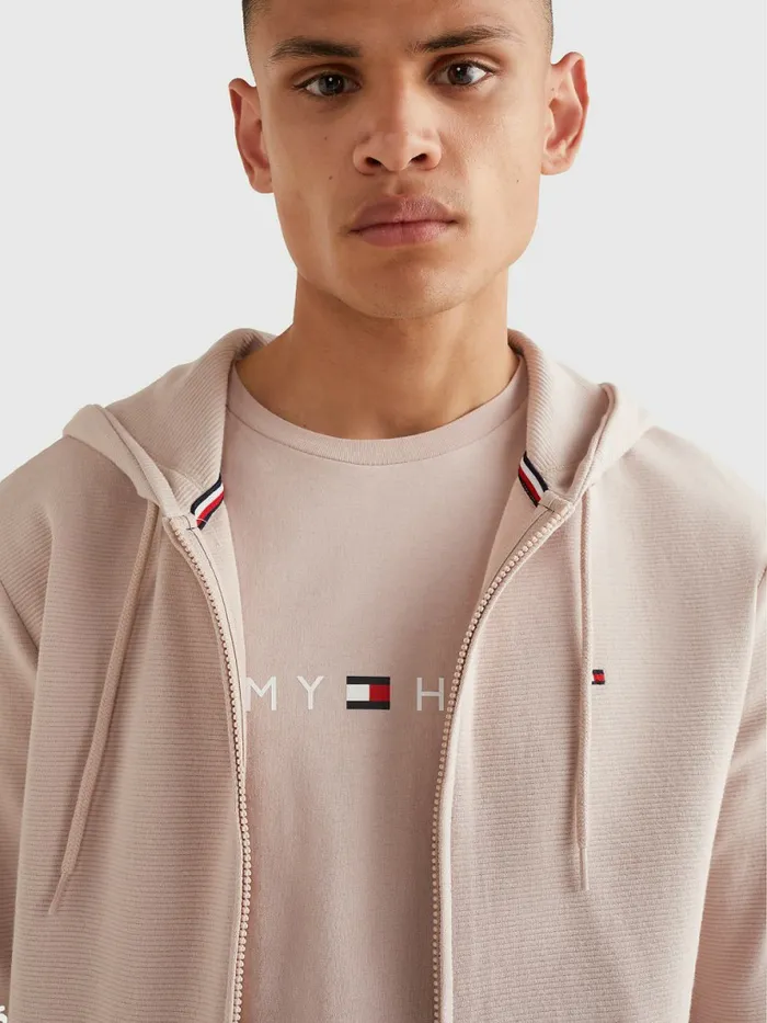 Tommy Hilfiger Organic Cotton ZipThru Logo Hoody Balanced Beige Mens Sweatshirts and Hoodies Gift for Friend